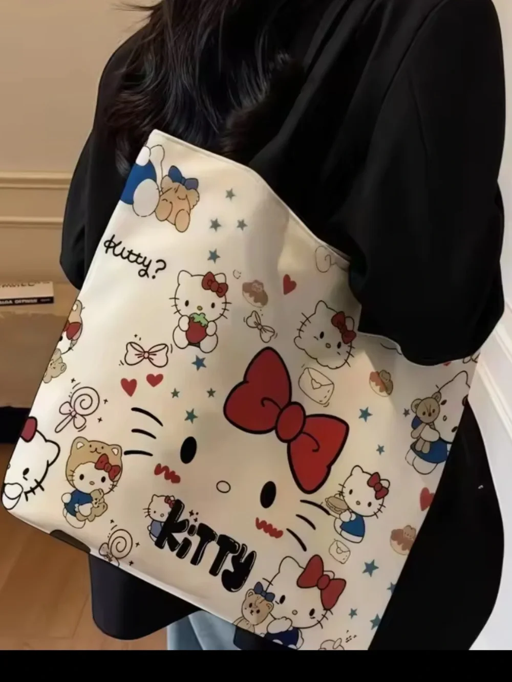 White Hello Kitty Print Tote Bag with Black Handles